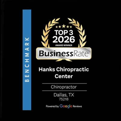 Hanks Chiropractic Center Top 3 2026 BusinessRate award plaque in Dallas, Texas